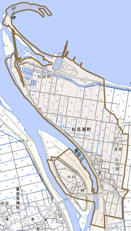 松名瀬町とその周辺の地図。町の範囲を重ねている