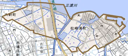 松崎浦町とその周辺の地図。町の範囲を重ねている