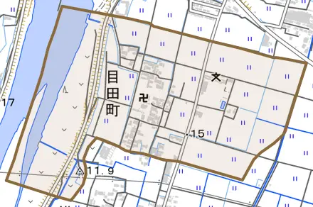 目田町とその周辺の地図。町の範囲を重ねている