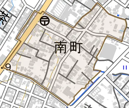 南町とその周辺の地図。町の範囲を重ねている