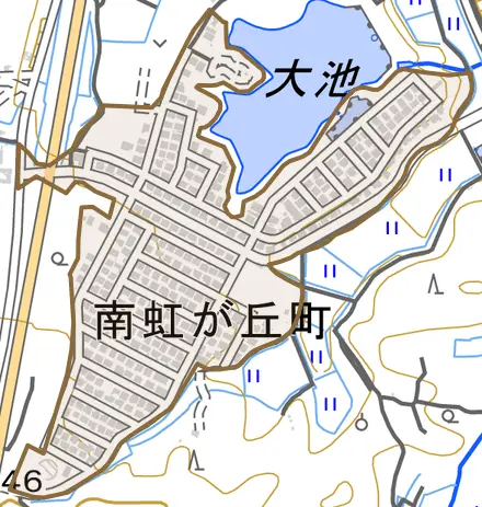 南虹が丘町とその周辺の地図。町の範囲を重ねている