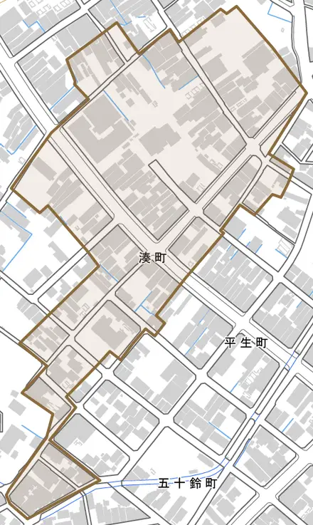 湊町とその周辺の地図。町の範囲を重ねている