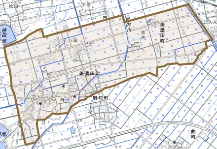 美濃田町とその周辺の地図。町の範囲を重ねている