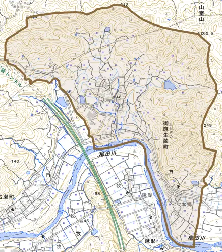 御麻生薗町とその周辺の地図。町の範囲を重ねている