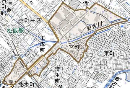 宮町とその周辺の地図。町の範囲を重ねている