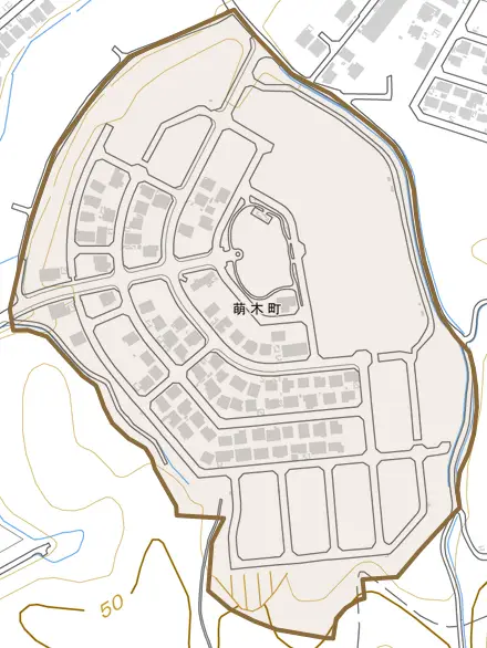 萌木町とその周辺の地図。町の範囲を重ねている