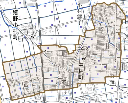 中林町とその周辺の地図。町の範囲を重ねている