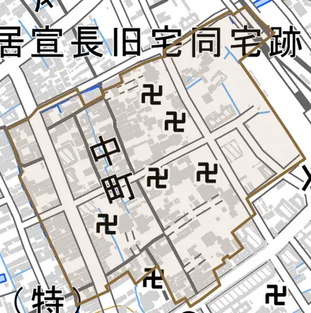 中町とその周辺の地図。町の範囲を重ねている
