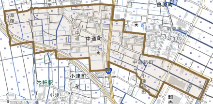 中道町とその周辺の地図。町の範囲を重ねている