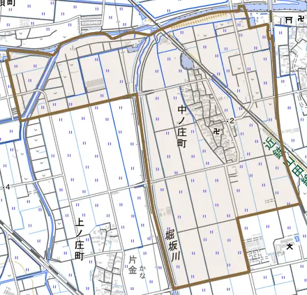 中ノ庄町とその周辺の地図。町の範囲を重ねている