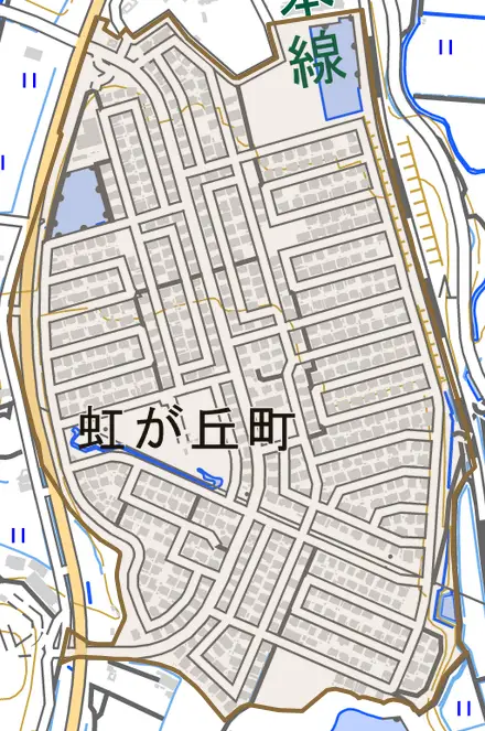 虹が丘町とその周辺の地図。町の範囲を重ねている