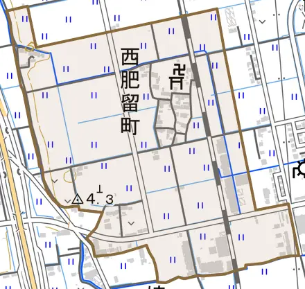 西肥留町とその周辺の地図。町の範囲を重ねている