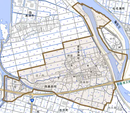 西黒部町とその周辺の地図。町の範囲を重ねている