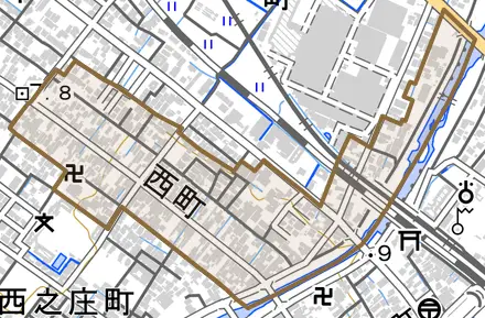 西町とその周辺の地図。町の範囲を重ねている