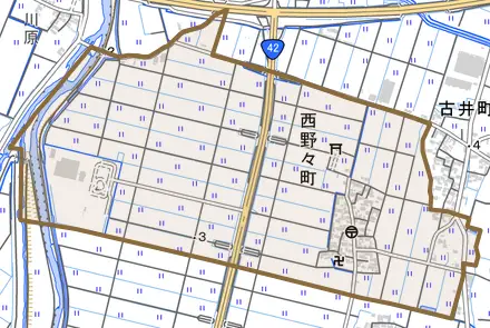 西野々町とその周辺の地図。町の範囲を重ねている