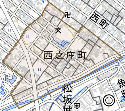 西之庄町とその周辺の地図。町の範囲を重ねている