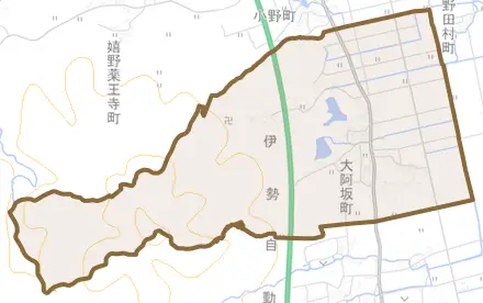 大阿坂町とその周辺の地図。町の範囲を重ねている