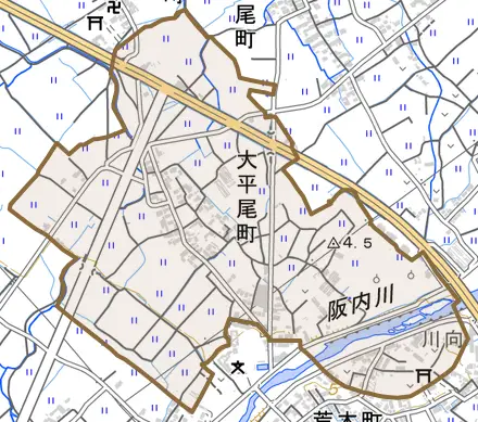 大平尾町とその周辺の地図。町の範囲を重ねている