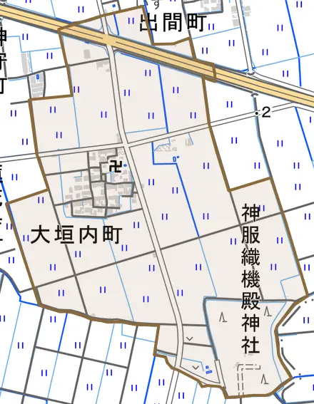大垣内町とその周辺の地図。町の範囲を重ねている