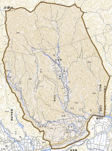 大石町とその周辺の地図。町の範囲を重ねている
