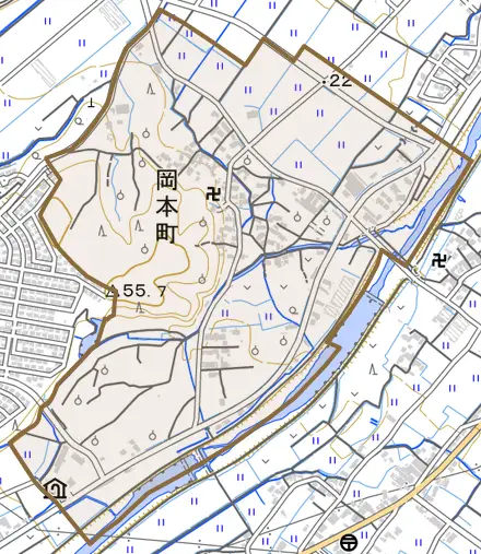 岡本町とその周辺の地図。町の範囲を重ねている