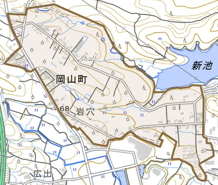 岡山町とその周辺の地図。町の範囲を重ねている