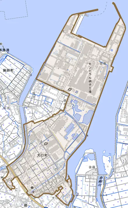 大口町とその周辺の地図。町の範囲を重ねている