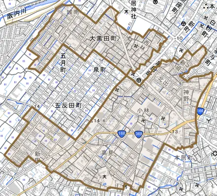 大黒田町とその周辺の地図。町の範囲を重ねている
