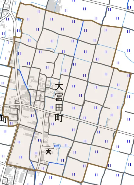 大宮田町とその周辺の地図。町の範囲を重ねている