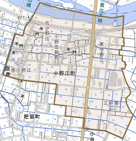小野江町とその周辺の地図。町の範囲を重ねている