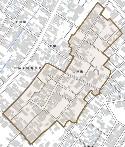 白粉町とその周辺の地図。町の範囲を重ねている