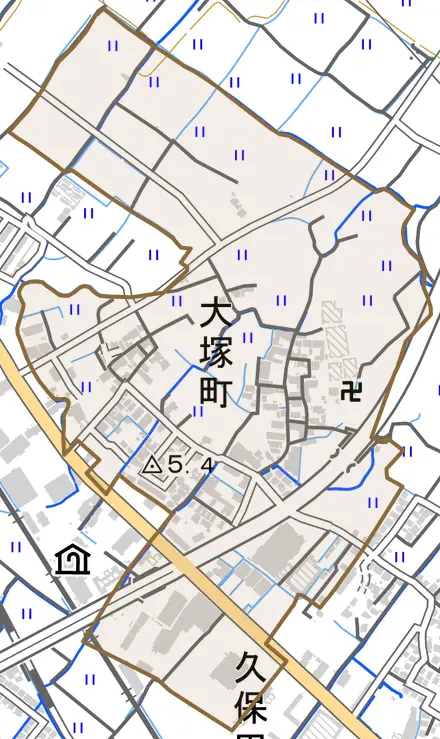 大塚町とその周辺の地図。町の範囲を重ねている