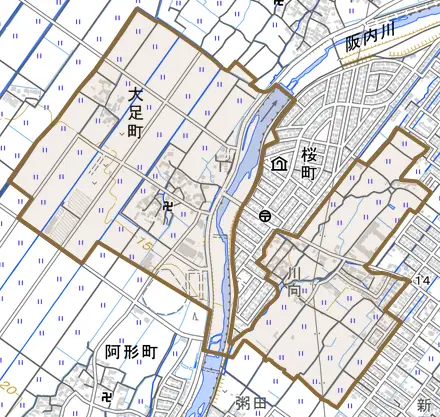 大足町とその周辺の地図。町の範囲を重ねている