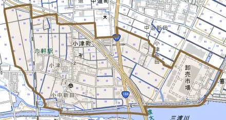 小津町とその周辺の地図。町の範囲を重ねている