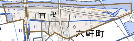 六軒町とその周辺の地図。町の範囲を重ねている