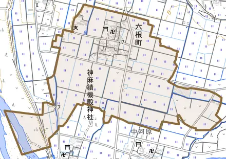 六根町とその周辺の地図。町の範囲を重ねている