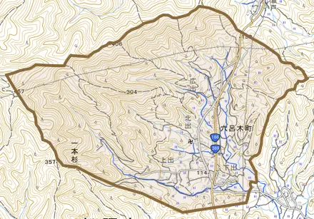 六呂木町とその周辺の地図。町の範囲を重ねている