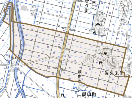 佐久米町とその周辺の地図。町の範囲を重ねている