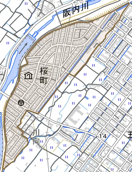 桜町とその周辺の地図。町の範囲を重ねている