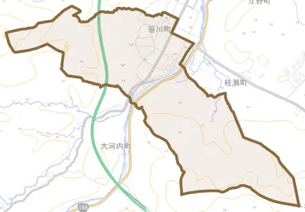 笹川町とその周辺の地図。町の範囲を重ねている