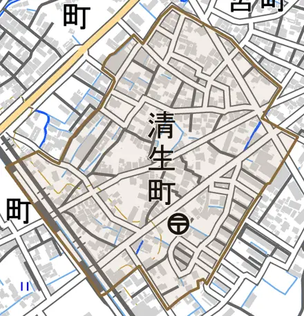 清生町とその周辺の地図。町の範囲を重ねている
