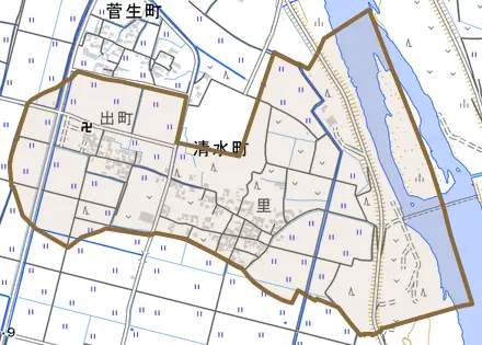 清水町とその周辺の地図。町の範囲を重ねている
