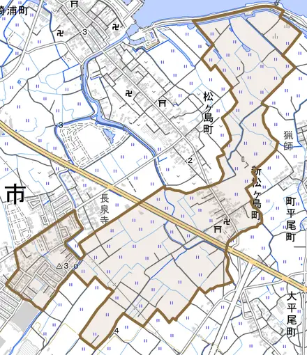 新松ヶ島町とその周辺の地図。町の範囲を重ねている