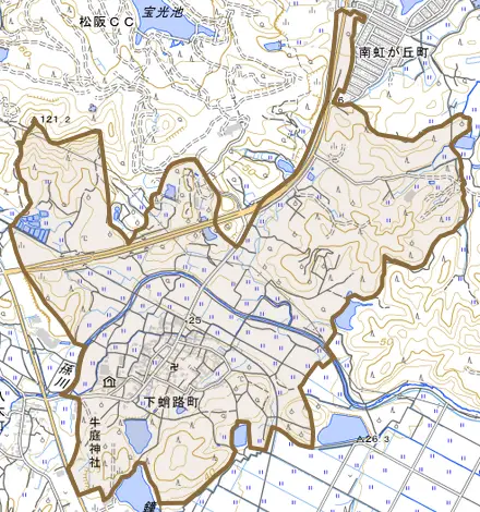 下蛸路町とその周辺の地図。町の範囲を重ねている