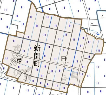 新開町とその周辺の地図。町の範囲を重ねている