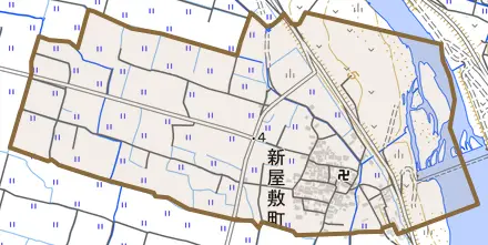 新屋敷町とその周辺の地図。町の範囲を重ねている