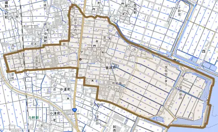 曽原町とその周辺の地図。町の範囲を重ねている