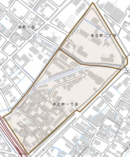末広町とその周辺の地図。町の範囲を重ねている