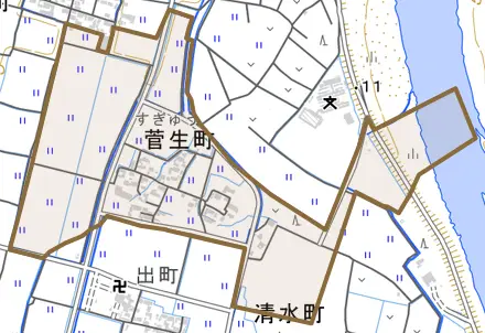菅生町とその周辺の地図。町の範囲を重ねている