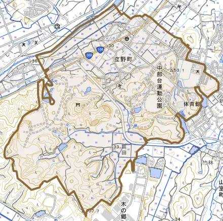 立野町とその周辺の地図。町の範囲を重ねている